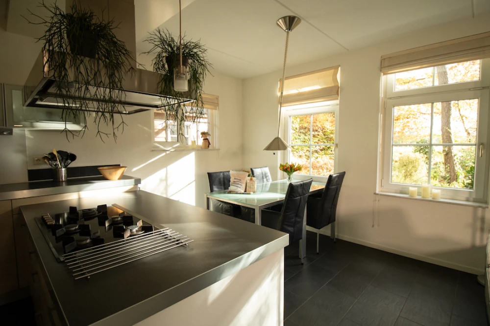 Woonkamer van Aurora – sfeervolle zithoek met houtkachel, prachtige ligging, privacy, met uitzicht op het groen.